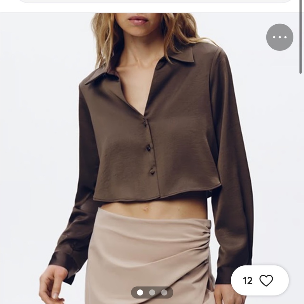 Zara Chocolate Brown Button Down cropped collared Shirt size S